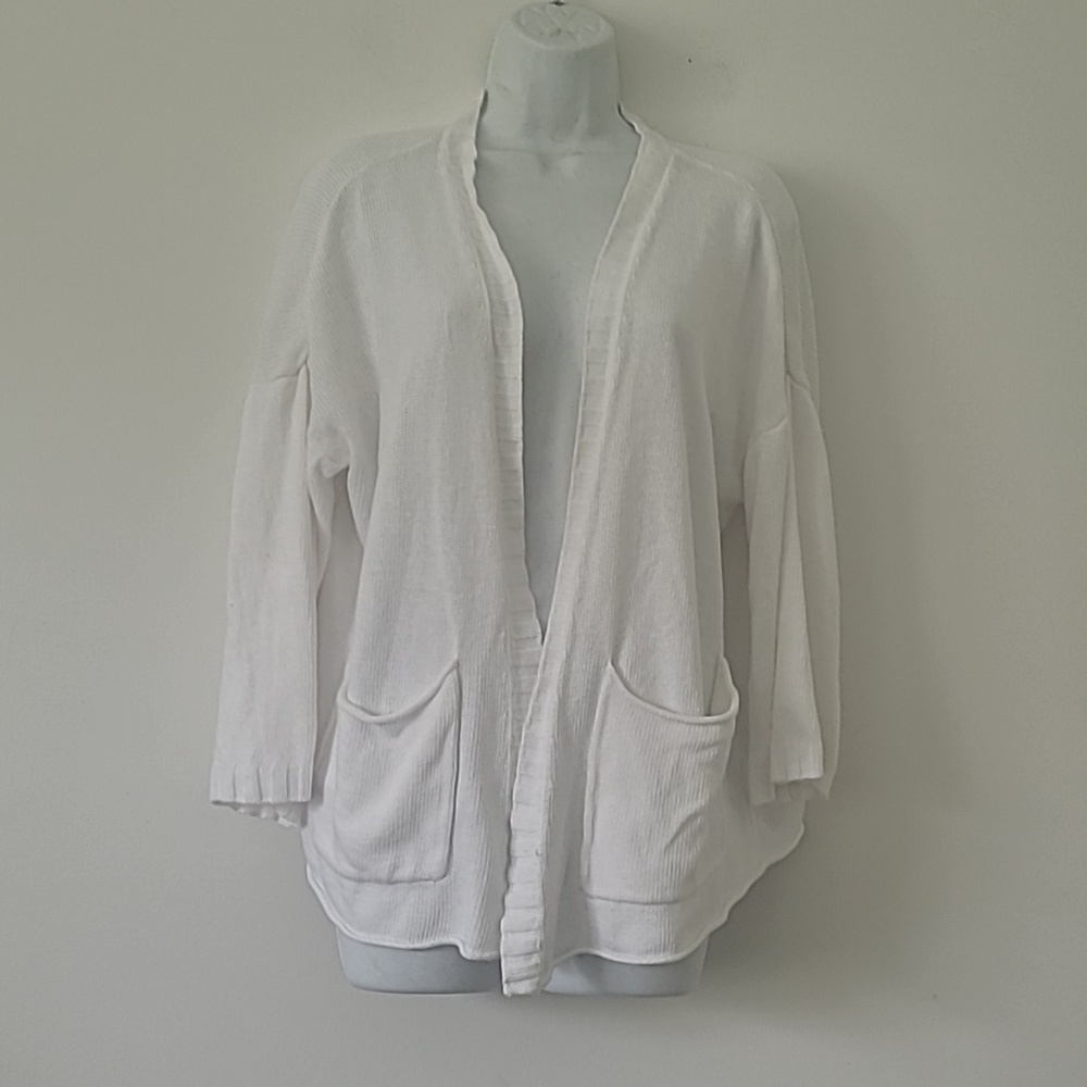 Eileen Fisher Linen And Cotton Blend Open Front Knit Flowy Cardigan In White